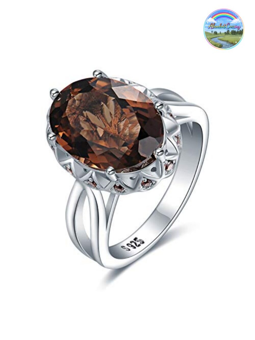 5.7ct Genuine Smoky Quartz Cocktail Ring, 14K White Gold Plated 925 Sterling